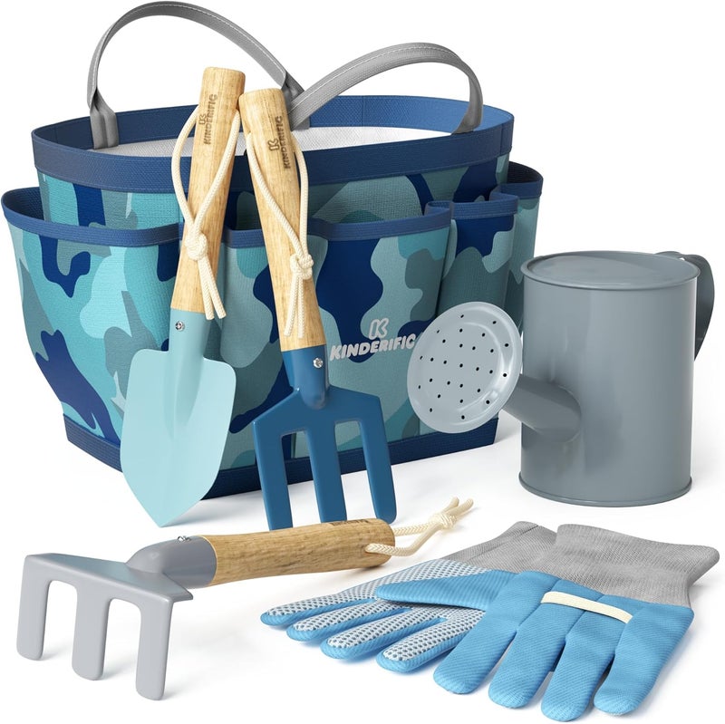 Kinderific Gardening Set, Tool Kit, for Kids, STEM, Includes Tote Bag, Spade, Watering Can, Rake, Fork, Trowel and Gloves (Camo Quest) - Image 1
